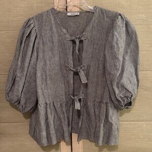 Striped Linen Bow Tie Top